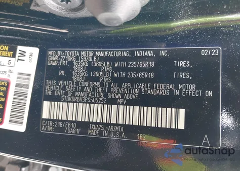 2023 Toyota Highlander Xle из США, поврежденный, VIN 5TDKDRBH3PS505252